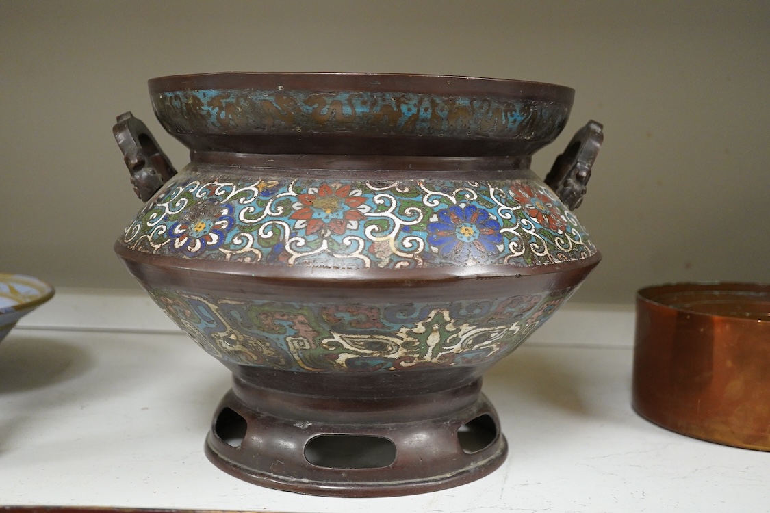 A large Japanese archaistic bronze and champlevé enamel jardiniere, 25.5cm high